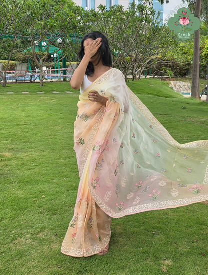Nazm Peach & Yellow Ombre Organza Silk Saree With Floral Embroidery