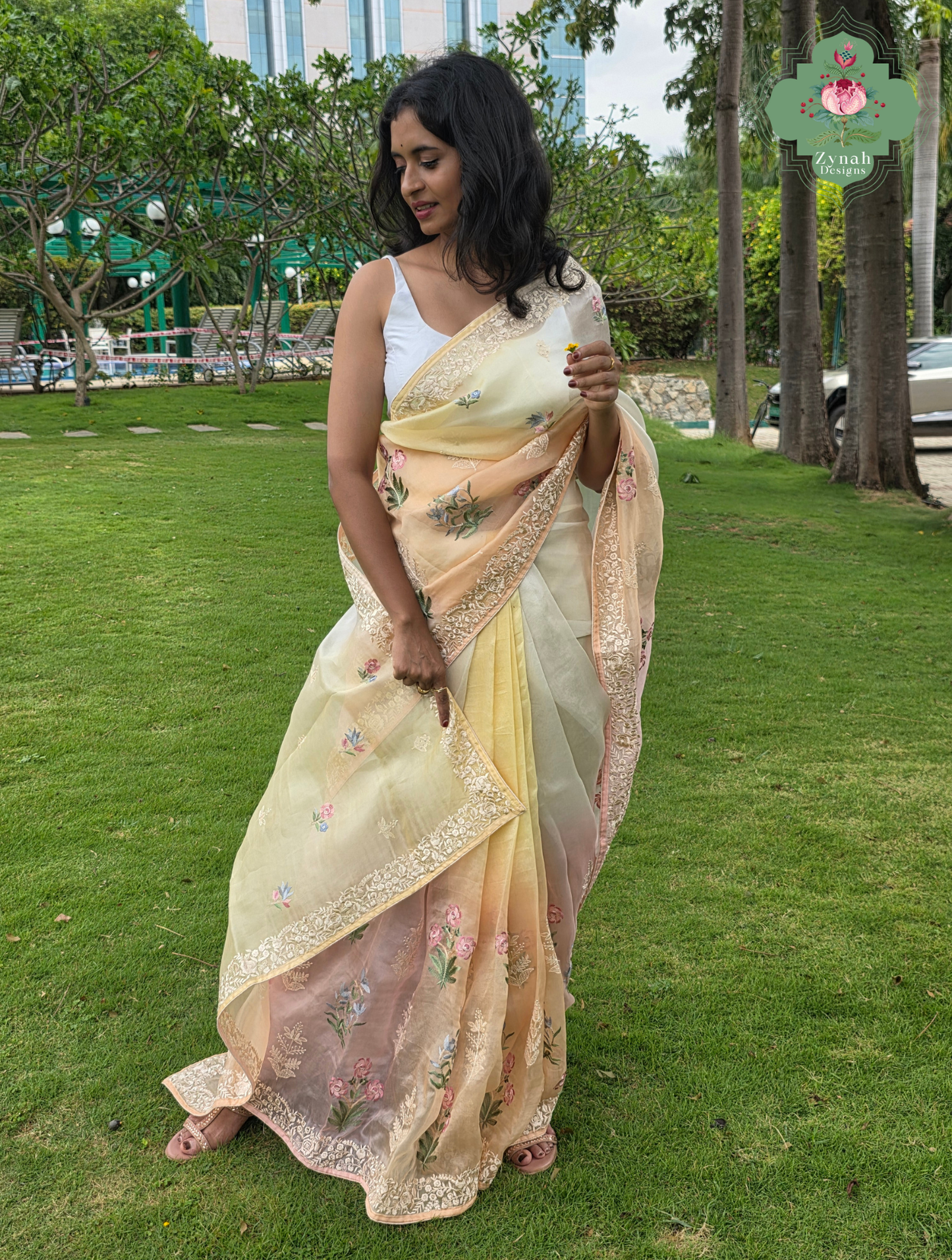 Nazm Peach & Yellow Ombre Organza Silk Saree With Floral Embroidery