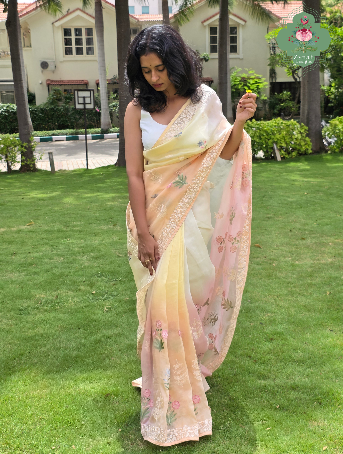 Nazm Peach & Yellow Ombre Organza Silk Saree With Floral Embroidery