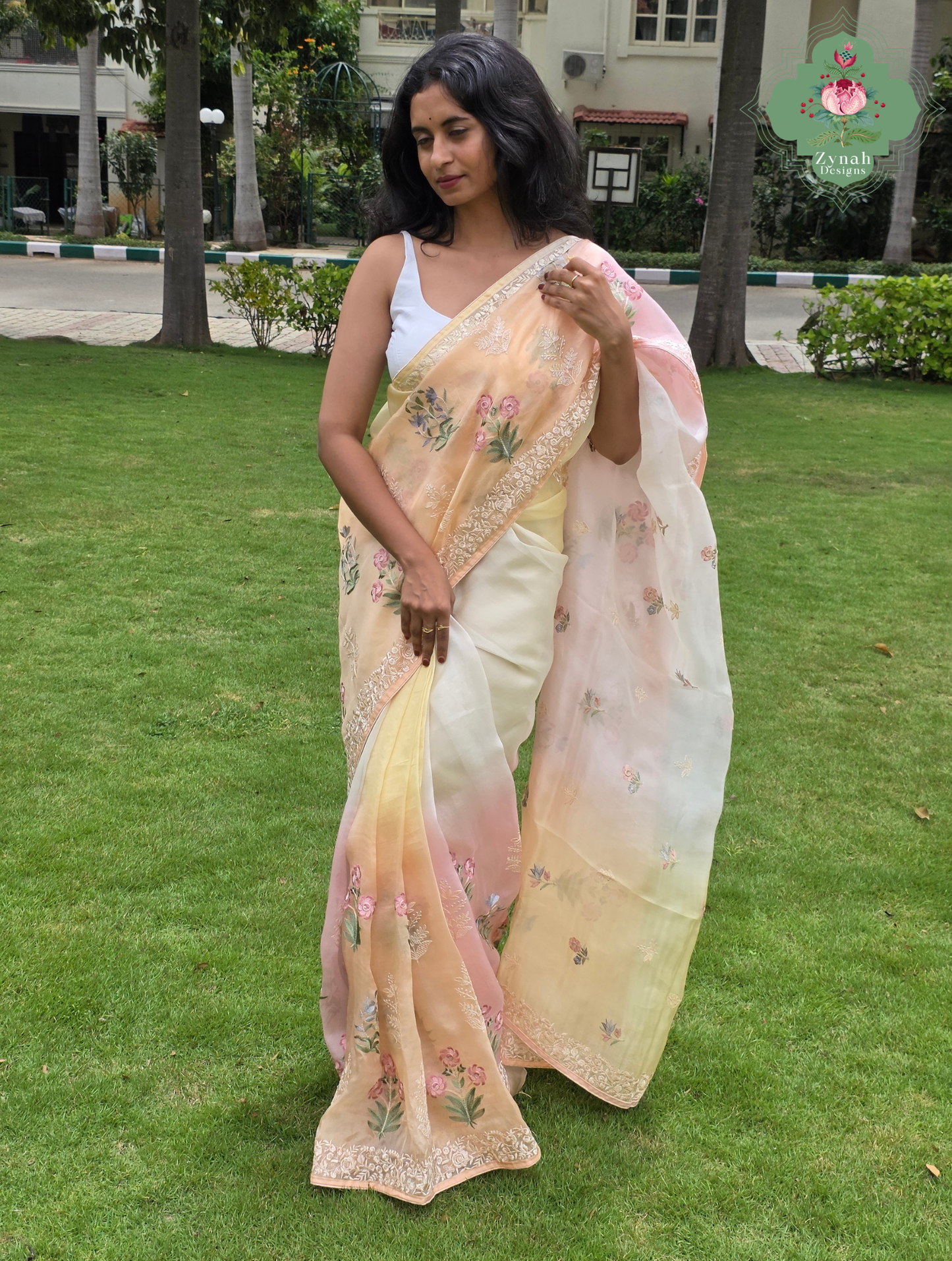 Nazm Peach & Yellow Ombre Organza Silk Saree With Floral Embroidery