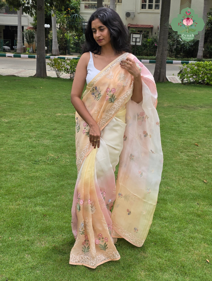 Nazm Peach & Yellow Ombre Organza Silk Saree With Floral Embroidery