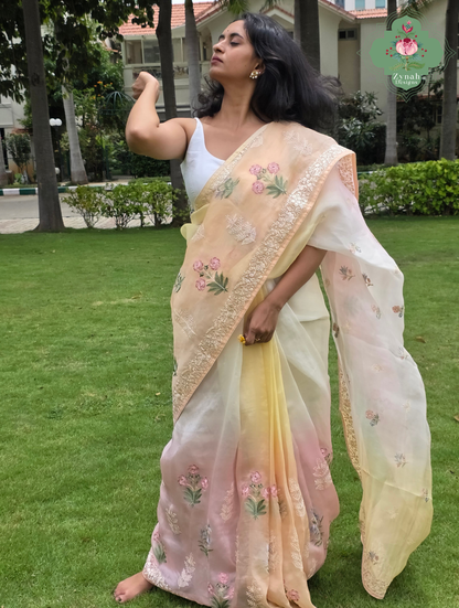 Nazm Peach & Yellow Ombre Organza Silk Saree With Floral Embroidery