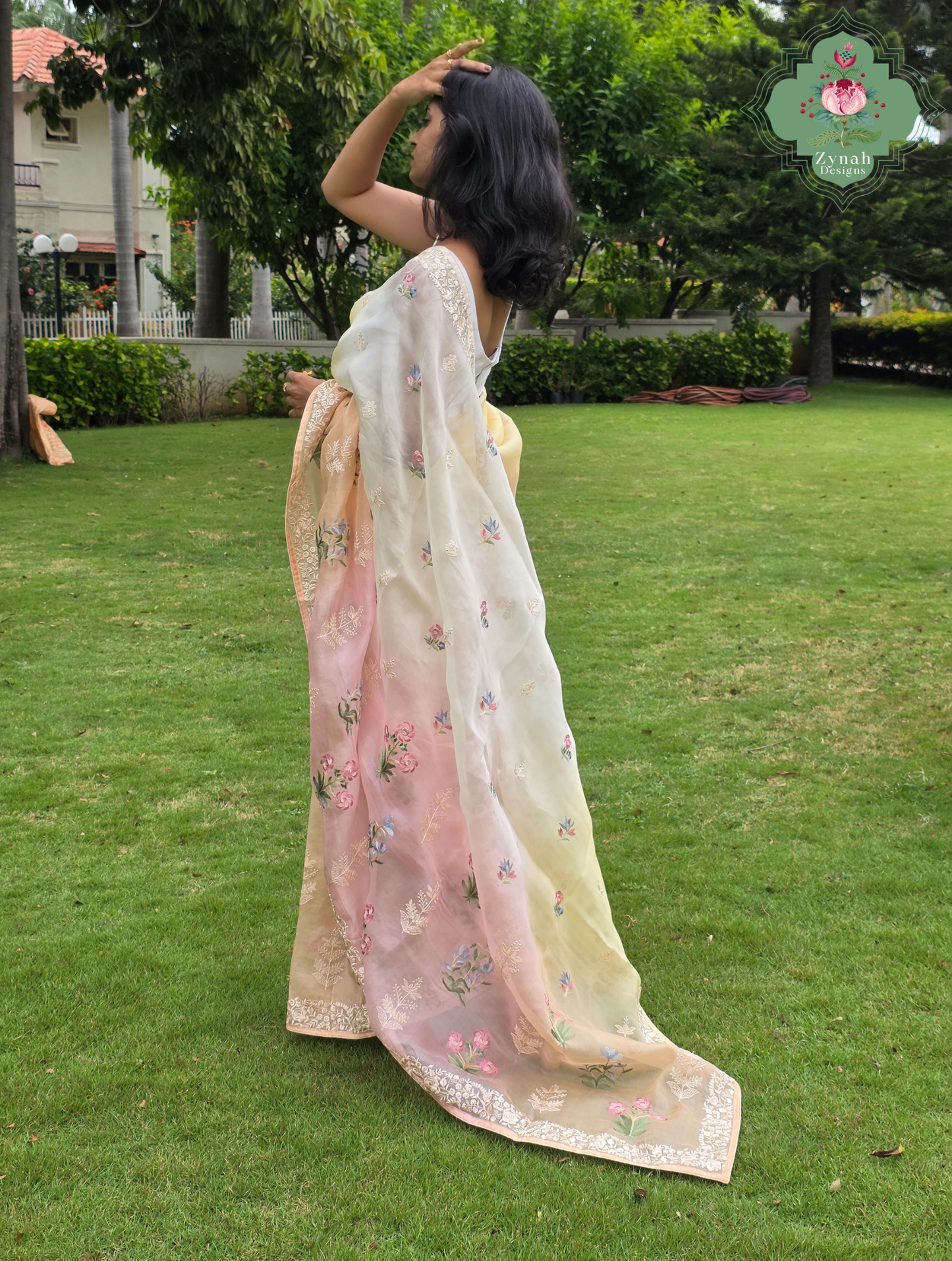 Nazm Peach & Yellow Ombre Organza Silk Saree With Floral Embroidery