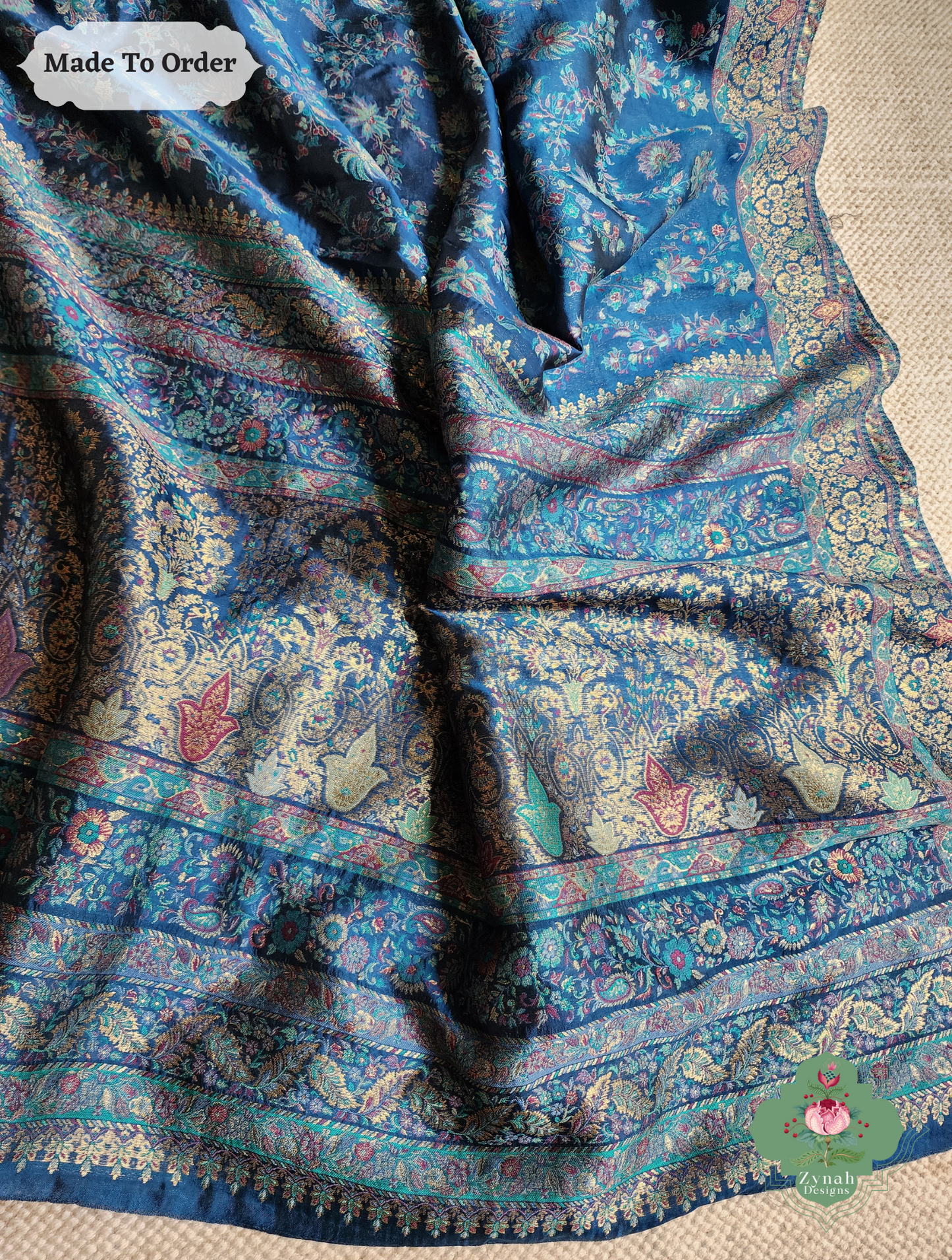 Zynah Made To Order Peacock Blue Handwoven Kashmiri Pure Kani Silk Jamavar Saree; Custom Stitched/Ready-made Blouse, Fall, Petticoat; SKU: 0110202501
