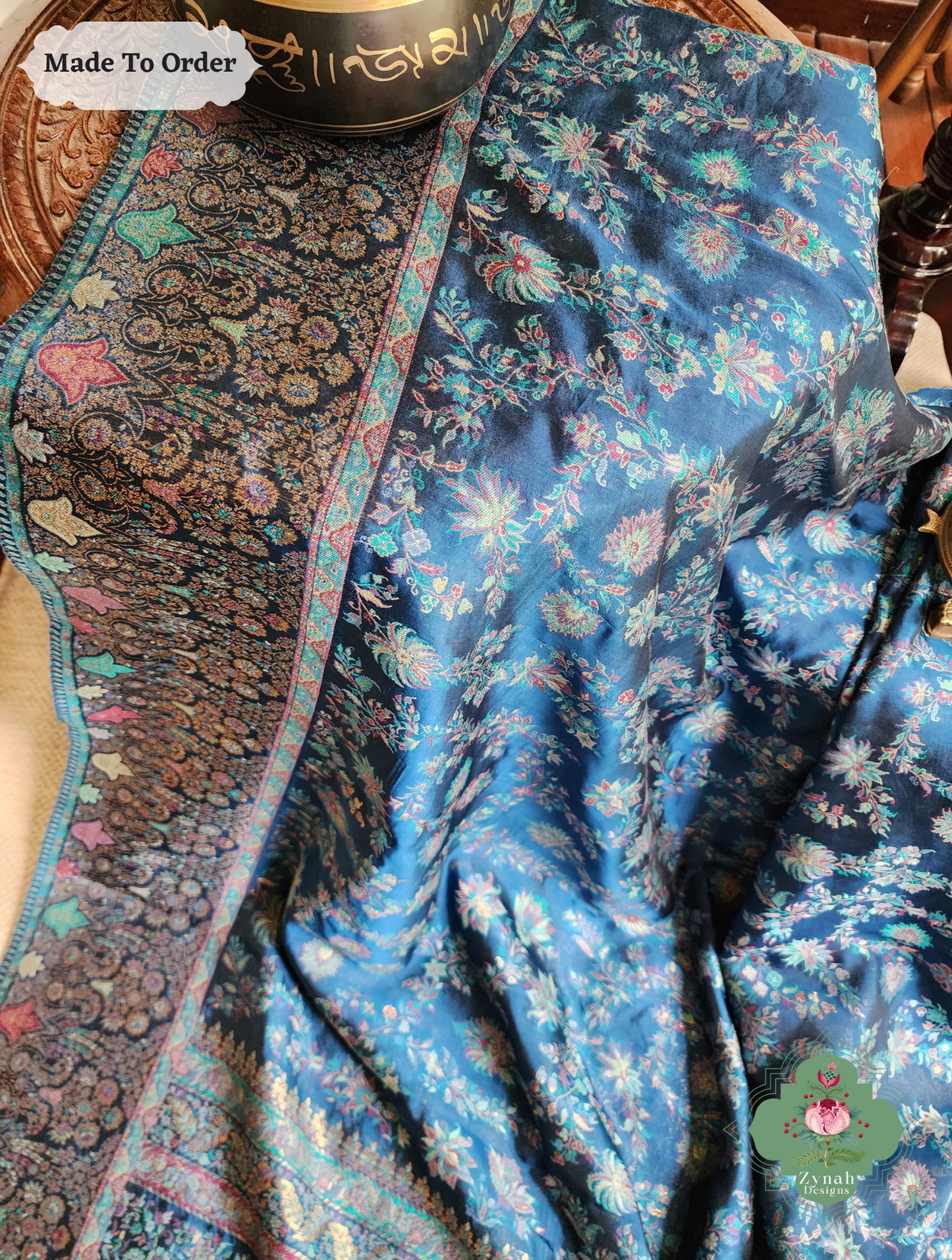 Zynah Made To Order Peacock Blue Handwoven Kashmiri Pure Kani Silk Jamavar Saree; Custom Stitched/Ready-made Blouse, Fall, Petticoat; SKU: 0110202501