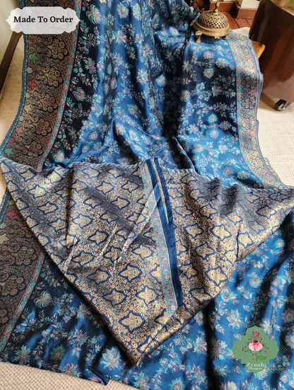 Zynah Made To Order Peacock Blue Handwoven Kashmiri Pure Kani Silk Jamavar Saree; Custom Stitched/Ready-made Blouse, Fall, Petticoat; SKU: 0110202501