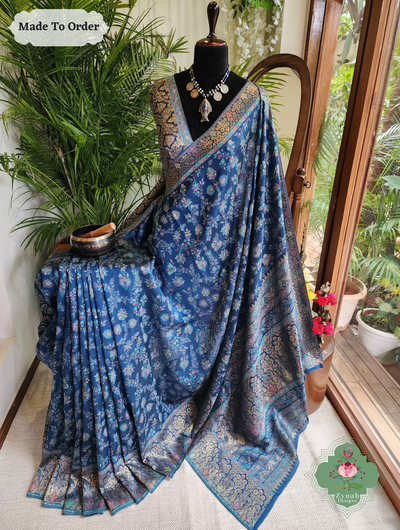 Zynah Made To Order Peacock Blue Handwoven Kashmiri Pure Kani Silk Jamavar Saree; Custom Stitched/Ready-made Blouse, Fall, Petticoat; SKU: 0110202501