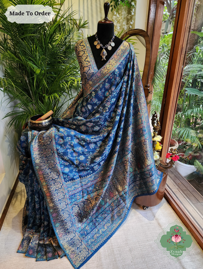 Zynah Made To Order Peacock Blue Handwoven Kashmiri Pure Kani Silk Jamavar Saree; Custom Stitched/Ready-made Blouse, Fall, Petticoat; SKU: 0110202501