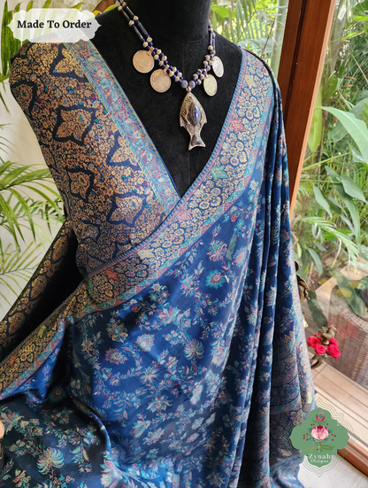 Zynah Made To Order Peacock Blue Handwoven Kashmiri Pure Kani Silk Jamavar Saree; Custom Stitched/Ready-made Blouse, Fall, Petticoat; SKU: 0110202501
