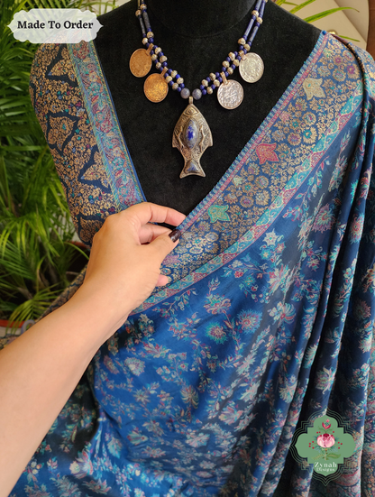 Zynah Made To Order Peacock Blue Handwoven Kashmiri Pure Kani Silk Jamavar Saree; Custom Stitched/Ready-made Blouse, Fall, Petticoat; SKU: 0110202501