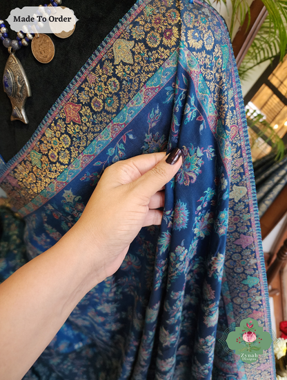 Zynah Made To Order Peacock Blue Handwoven Kashmiri Pure Kani Silk Jamavar Saree; Custom Stitched/Ready-made Blouse, Fall, Petticoat; SKU: 0110202501