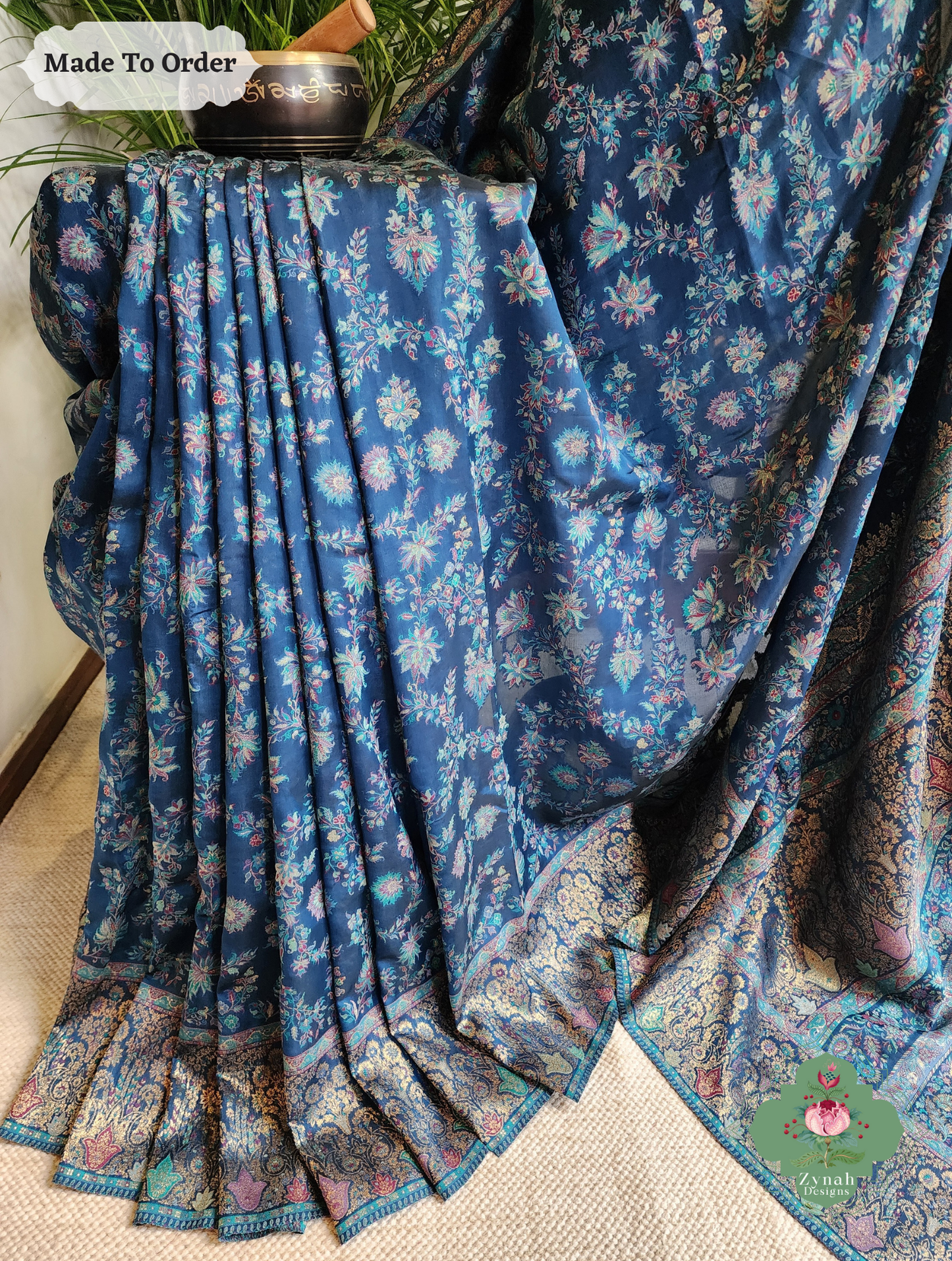 Zynah Made To Order Peacock Blue Handwoven Kashmiri Pure Kani Silk Jamavar Saree; Custom Stitched/Ready-made Blouse, Fall, Petticoat; SKU: 0110202501