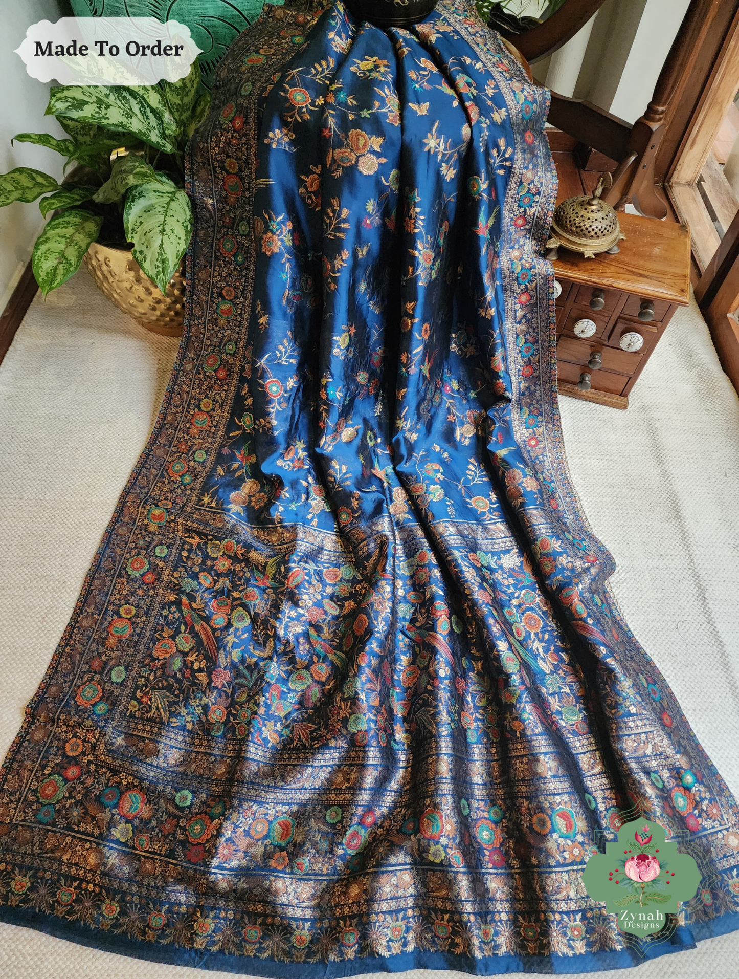 Zynah Made To Order Peacock Blue Handwoven Kashmiri Pure Kani Silk Jamavar Saree; Custom Stitched/Ready-made Blouse, Fall, Petticoat; SKU: 0110202502