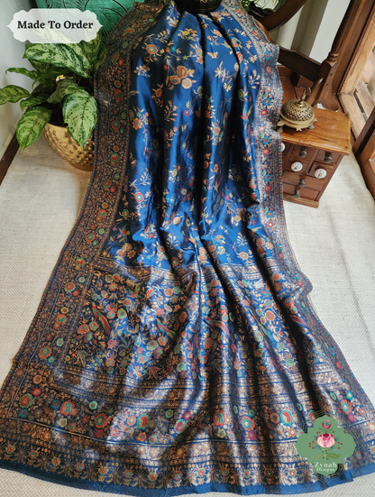 Zynah Made To Order Peacock Blue Handwoven Kashmiri Pure Kani Silk Jamavar Saree; Custom Stitched/Ready-made Blouse, Fall, Petticoat; SKU: 0110202502