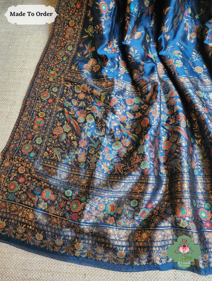 Zynah Made To Order Peacock Blue Handwoven Kashmiri Pure Kani Silk Jamavar Saree; Custom Stitched/Ready-made Blouse, Fall, Petticoat; SKU: 0110202502
