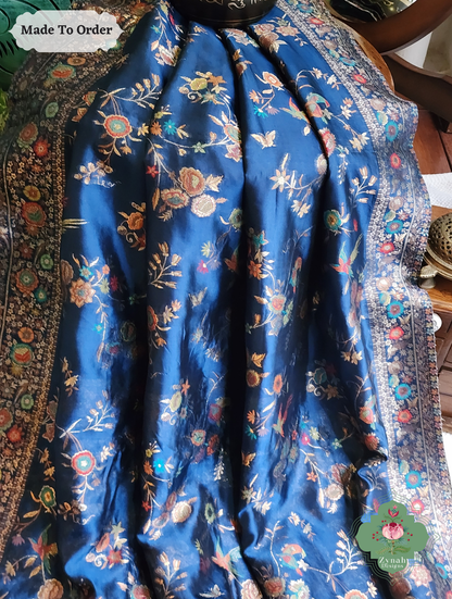 Zynah Made To Order Peacock Blue Handwoven Kashmiri Pure Kani Silk Jamavar Saree; Custom Stitched/Ready-made Blouse, Fall, Petticoat; SKU: 0110202502