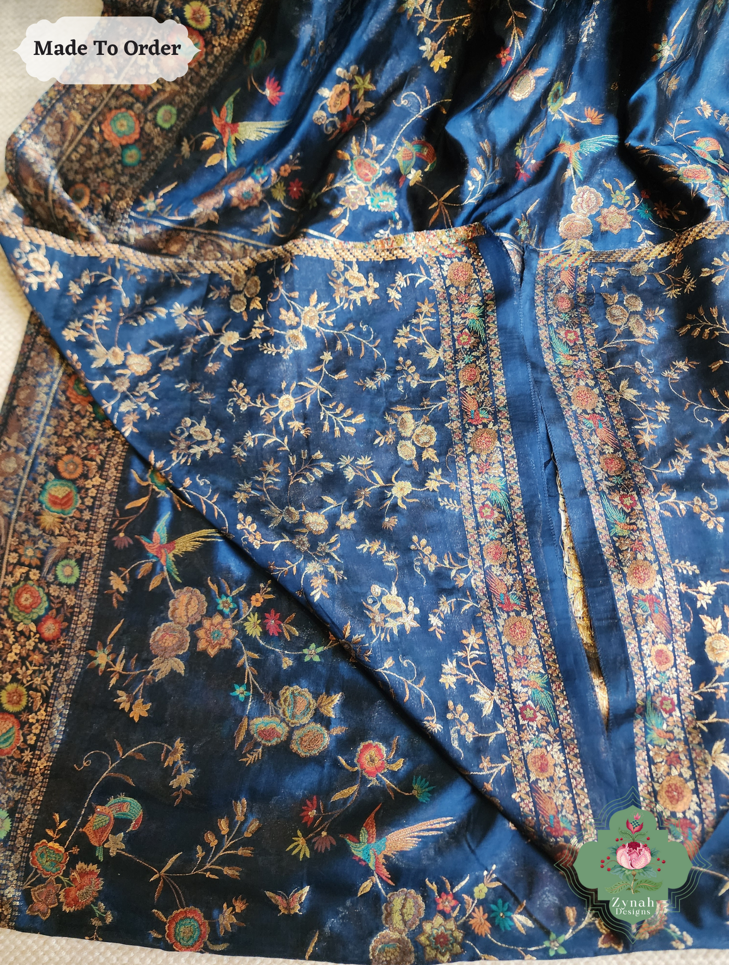 Zynah Made To Order Peacock Blue Handwoven Kashmiri Pure Kani Silk Jamavar Saree; Custom Stitched/Ready-made Blouse, Fall, Petticoat; SKU: 0110202502