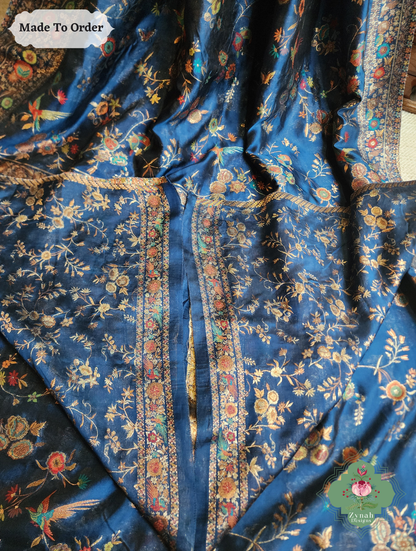 Zynah Made To Order Peacock Blue Handwoven Kashmiri Pure Kani Silk Jamavar Saree; Custom Stitched/Ready-made Blouse, Fall, Petticoat; SKU: 0110202502
