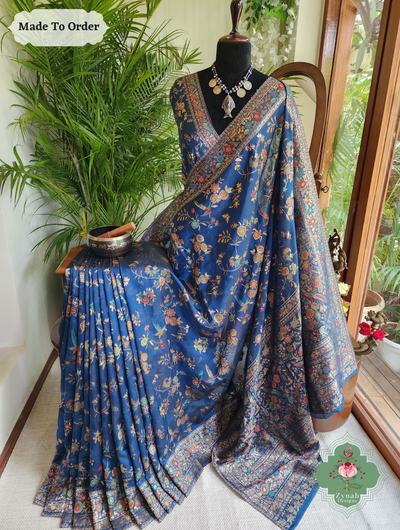 Zynah Made To Order Peacock Blue Handwoven Kashmiri Pure Kani Silk Jamavar Saree; Custom Stitched/Ready-made Blouse, Fall, Petticoat; SKU: 0110202502