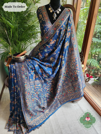 Zynah Made To Order Peacock Blue Handwoven Kashmiri Pure Kani Silk Jamavar Saree; Custom Stitched/Ready-made Blouse, Fall, Petticoat; SKU: 0110202502