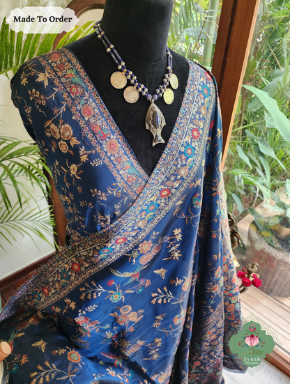 Zynah Made To Order Peacock Blue Handwoven Kashmiri Pure Kani Silk Jamavar Saree; Custom Stitched/Ready-made Blouse, Fall, Petticoat; SKU: 0110202502