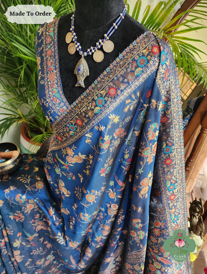 Zynah Made To Order Peacock Blue Handwoven Kashmiri Pure Kani Silk Jamavar Saree; Custom Stitched/Ready-made Blouse, Fall, Petticoat; SKU: 0110202502