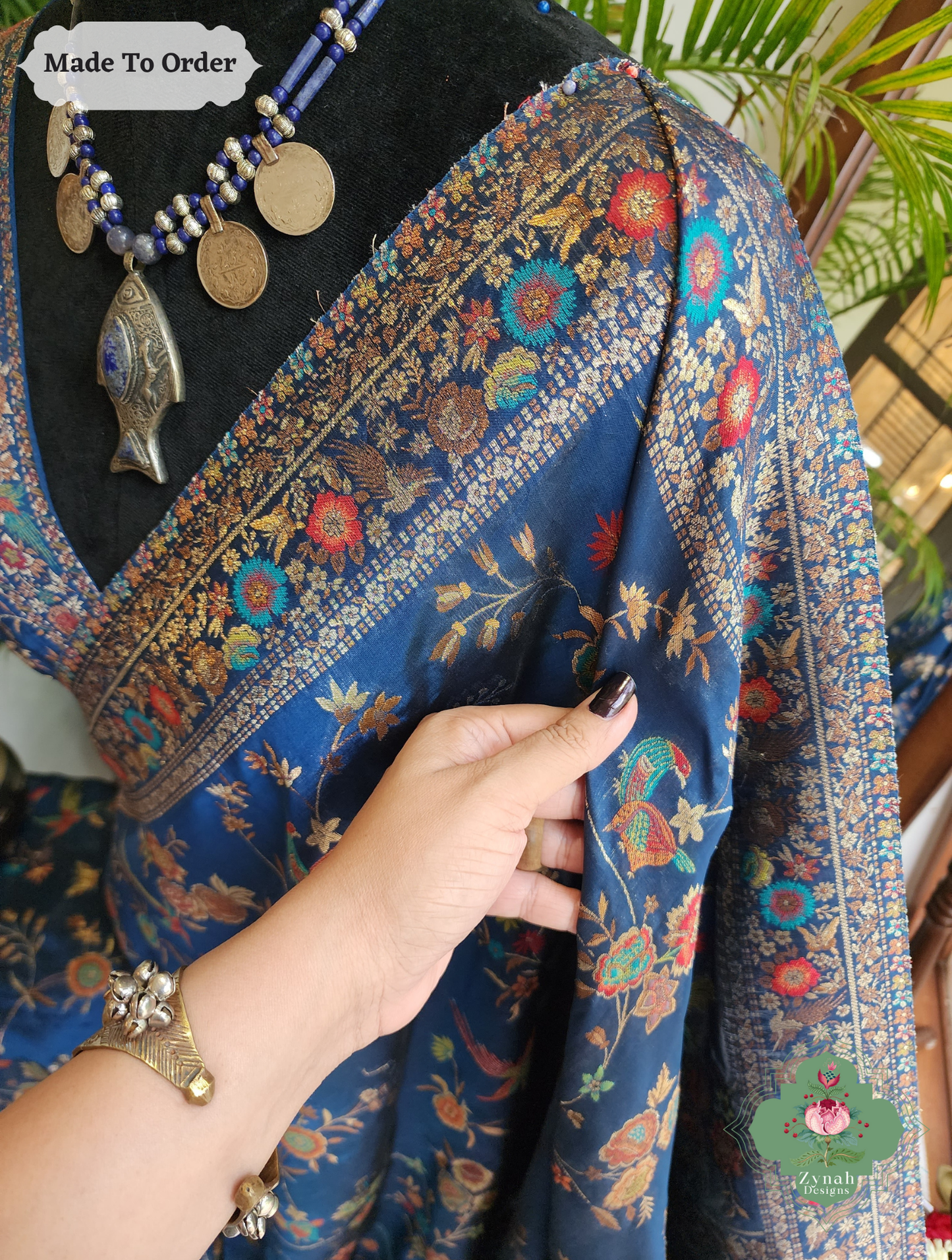 Zynah Made To Order Peacock Blue Handwoven Kashmiri Pure Kani Silk Jamavar Saree; Custom Stitched/Ready-made Blouse, Fall, Petticoat; SKU: 0110202502
