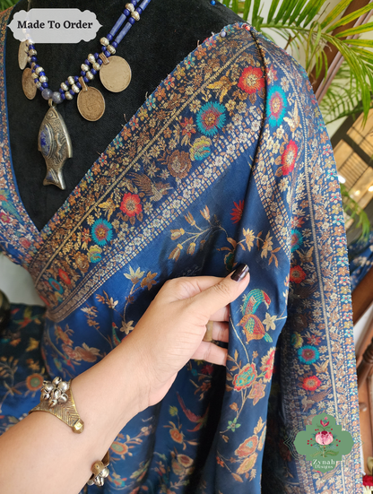 Zynah Made To Order Peacock Blue Handwoven Kashmiri Pure Kani Silk Jamavar Saree; Custom Stitched/Ready-made Blouse, Fall, Petticoat; SKU: 0110202502