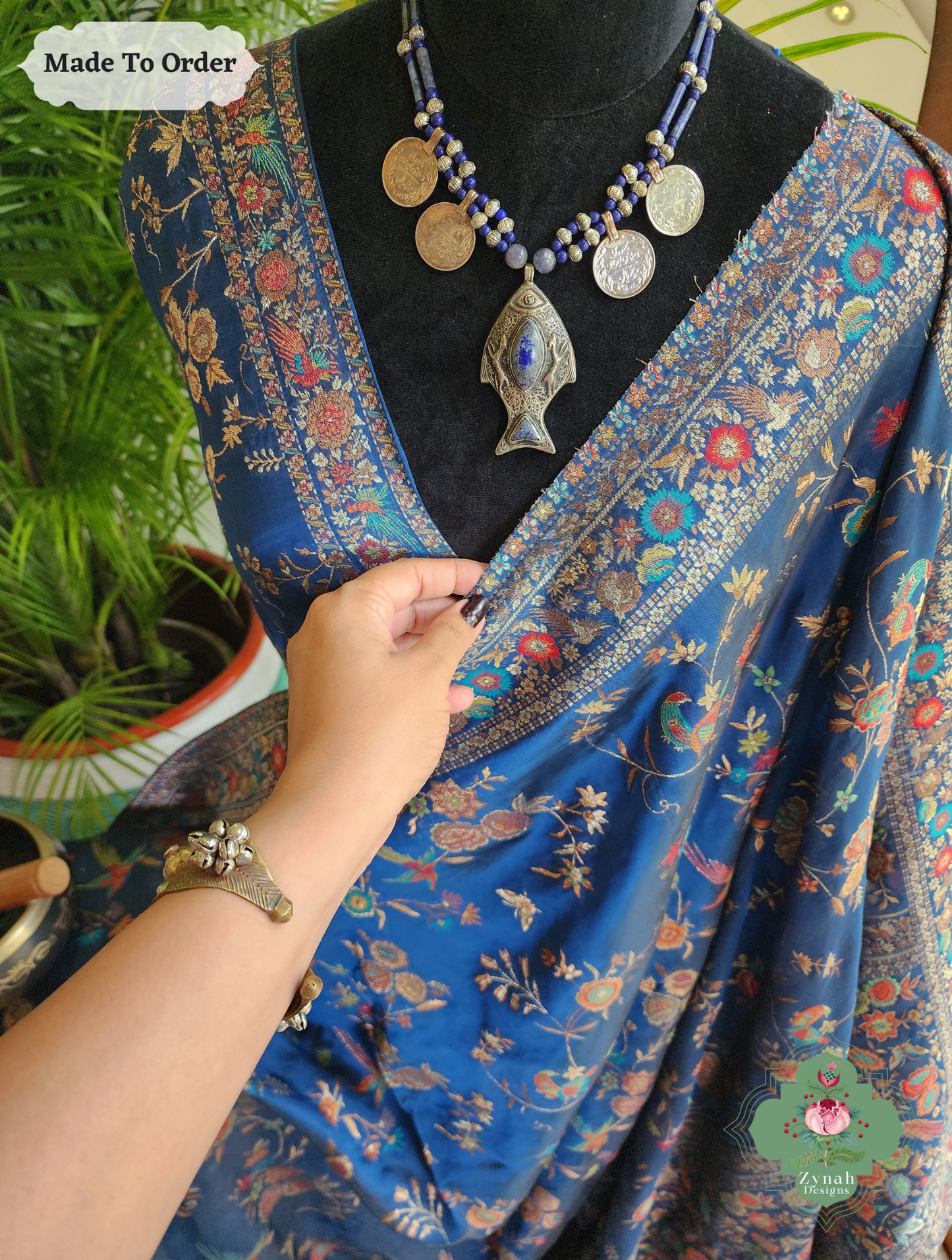 Zynah Made To Order Peacock Blue Handwoven Kashmiri Pure Kani Silk Jamavar Saree; Custom Stitched/Ready-made Blouse, Fall, Petticoat; SKU: 0110202502