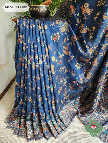 Zynah Made To Order Peacock Blue Handwoven Kashmiri Pure Kani Silk Jamavar Saree; Custom Stitched/Ready-made Blouse, Fall, Petticoat; SKU: 0110202502