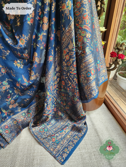 Zynah Made To Order Peacock Blue Handwoven Kashmiri Pure Kani Silk Jamavar Saree; Custom Stitched/Ready-made Blouse, Fall, Petticoat; SKU: 0110202502
