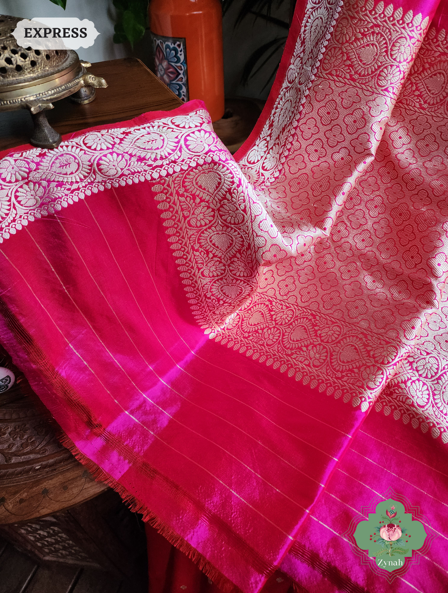 Zynah Pink Pure Banarasi Katan Silk Saree With Delicate Butis; Custom Stitched/Ready-made Blouse, Fall, Petticoat; SKU: 1507202303
