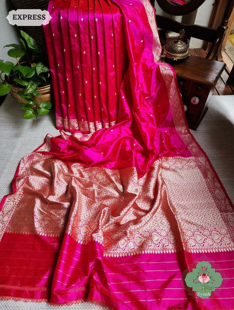 Zynah Pink Pure Banarasi Katan Silk Saree With Delicate Butis; Custom Stitched/Ready-made Blouse, Fall, Petticoat; SKU: 1507202303