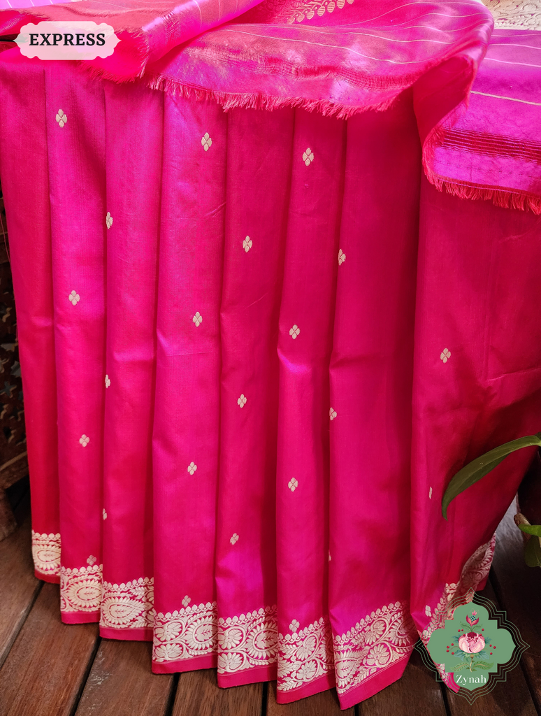 Zynah Pink Pure Banarasi Katan Silk Saree With Delicate Butis; Custom Stitched/Ready-made Blouse, Fall, Petticoat; SKU: 1507202303