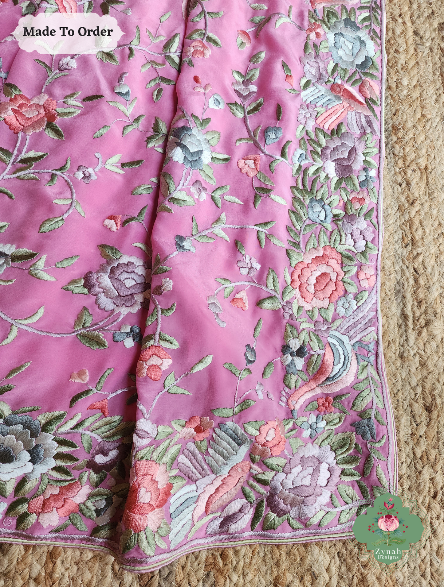 Zynah Gulnaar Parizad – Pink Pure Crepe Silk Hand Embroidered Authentic Parsi Gara Saree