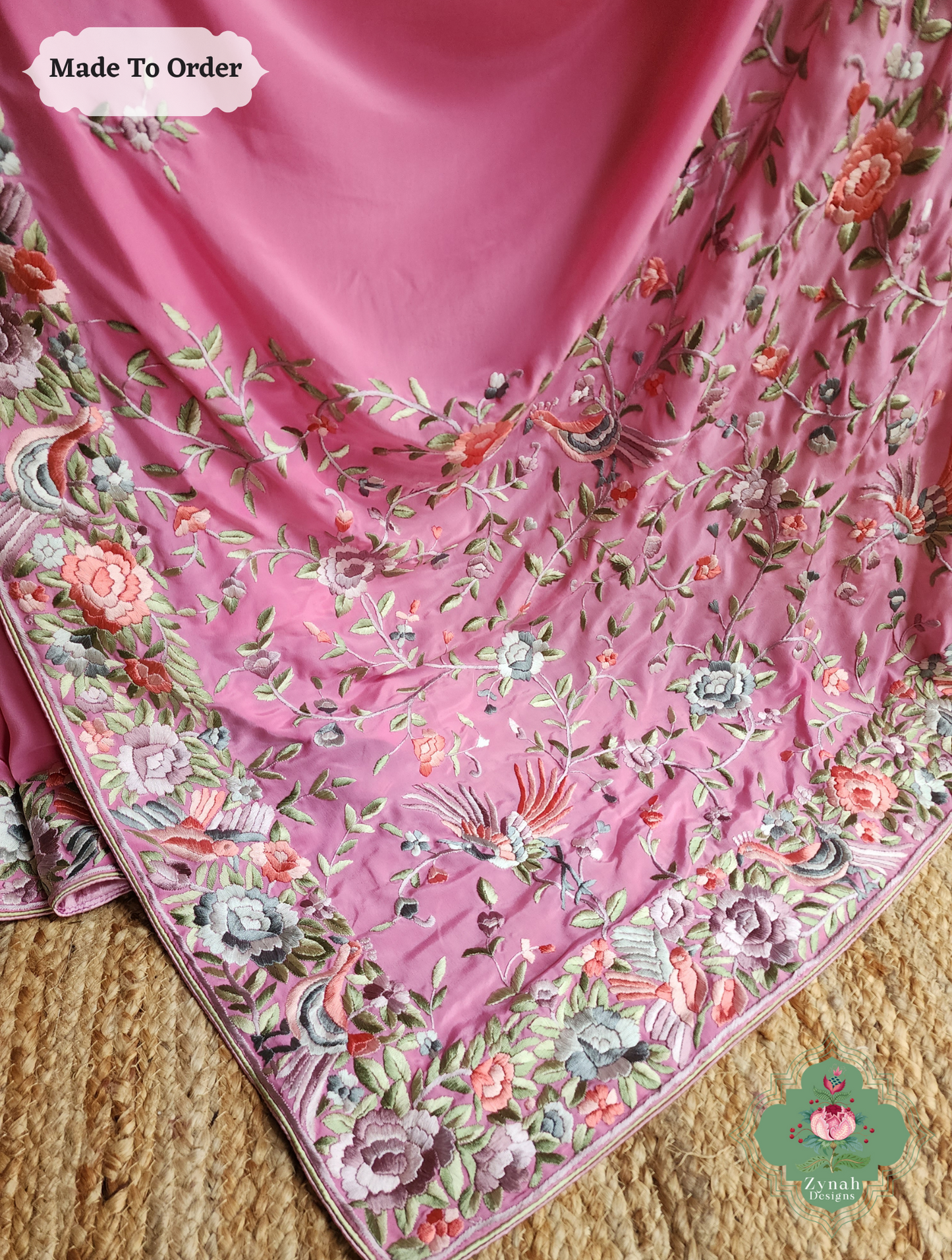 Zynah Gulnaar Parizad – Pink Pure Crepe Silk Hand Embroidered Authentic Parsi Gara Saree