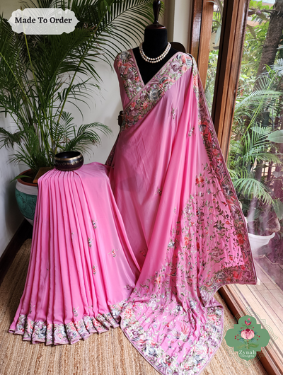 Zynah Made To Order Pink Pure Crepe Silk Hand Embroidered Authentic Parsi Gara Saree; Custom Stitched/Ready-made Blouse, Fall, Petticoat; SKU: 1109202503