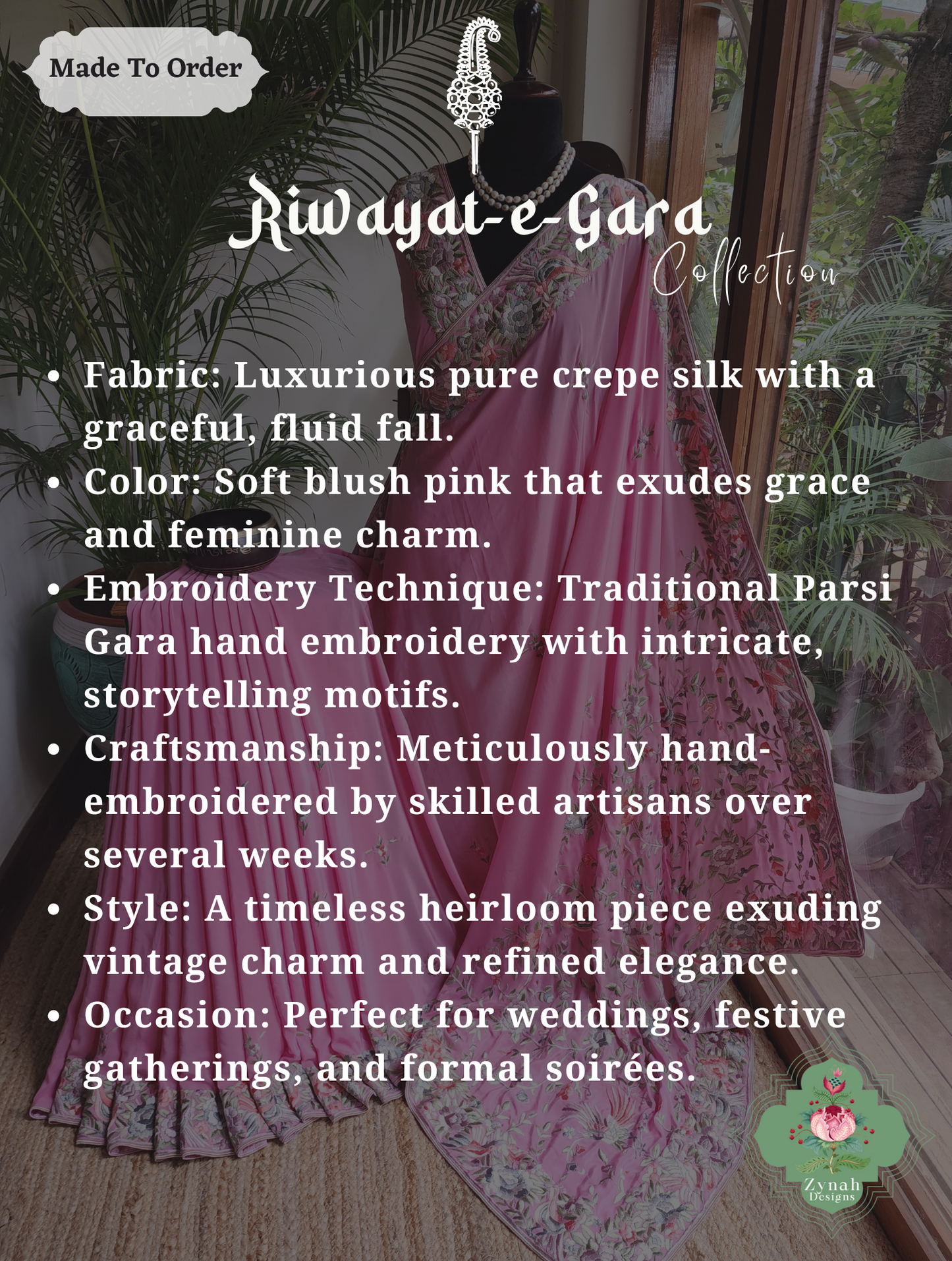 Zynah Gulnaar Parizad – Pink Pure Crepe Silk Hand Embroidered Authentic Parsi Gara Saree