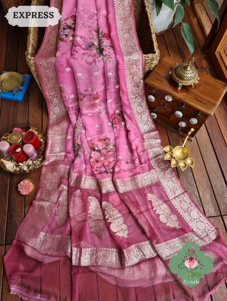 Zynah Pink Pure Khaddi Georgette Floral Banarasi Saree With Silver Zari; Custom Stitched/Ready-made Blouse, Fall, Petticoat; SKU: 2804202306