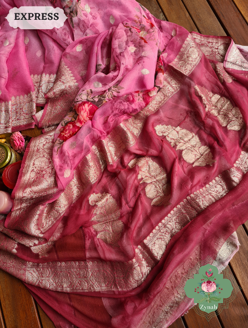 Zynah Pink Pure Khaddi Georgette Floral Banarasi Saree With Silver Zari; Custom Stitched/Ready-made Blouse, Fall, Petticoat; SKU: 2804202306