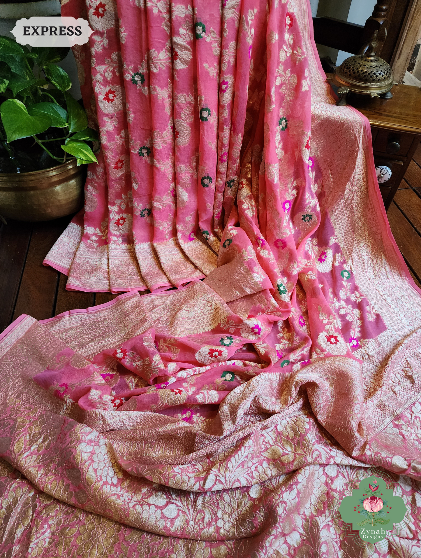 Zynah Pink Pure Khaddi Georgette Banarasi Saree With Meena Work & Zari Woven Border & Pallu; Custom Stitched/Ready-made Blouse, Fall, Petticoat; SKU: 1806202501