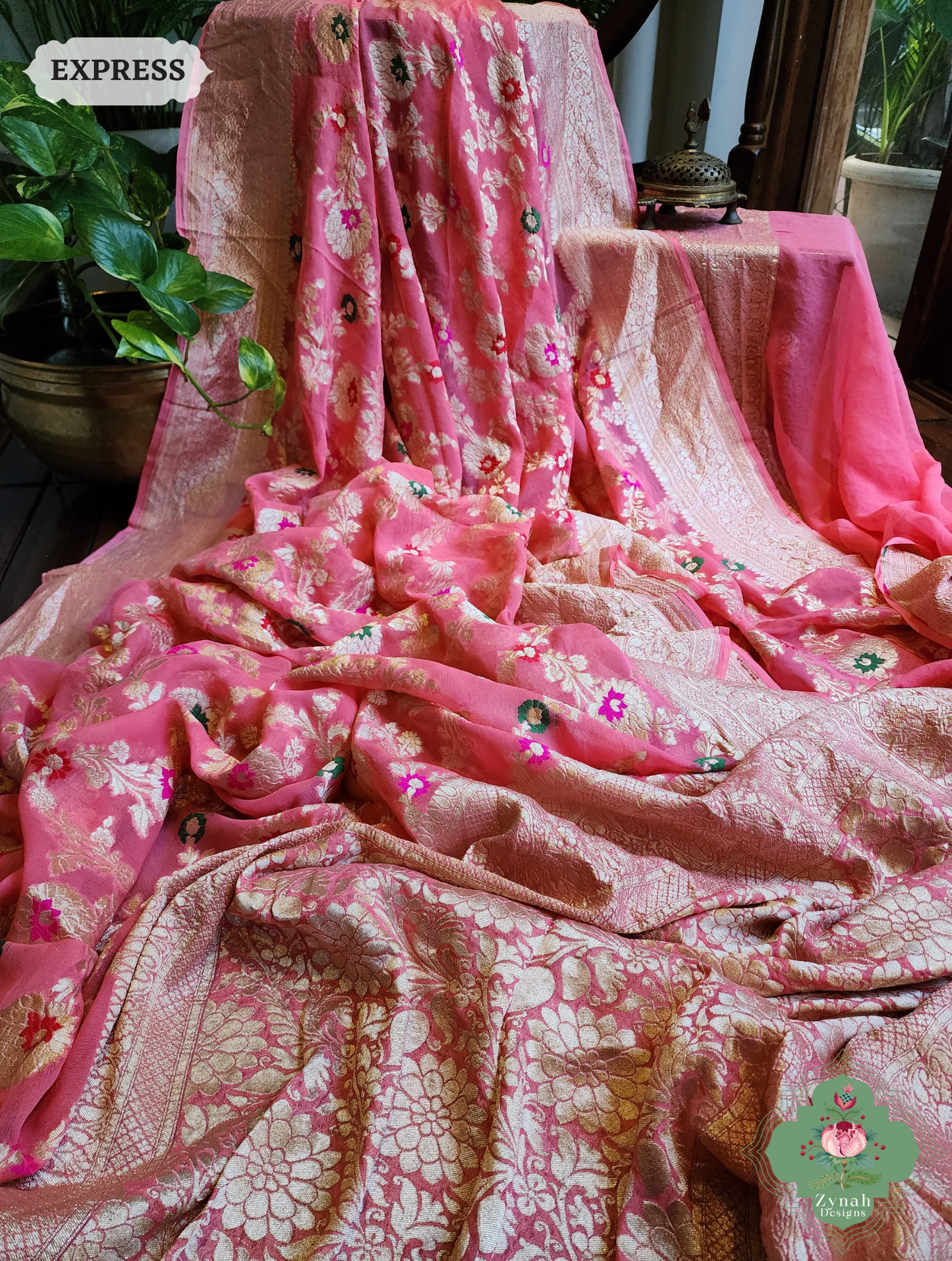 Zynah Pink Pure Khaddi Georgette Banarasi Saree With Meena Work & Zari Woven Border & Pallu; Custom Stitched/Ready-made Blouse, Fall, Petticoat; SKU: 1806202501