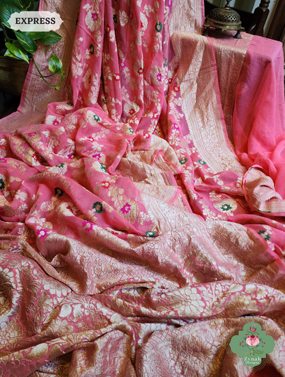 Zynah Pink Pure Khaddi Georgette Banarasi Saree With Meena Work & Zari Woven Border & Pallu; Custom Stitched/Ready-made Blouse, Fall, Petticoat; SKU: 1806202501