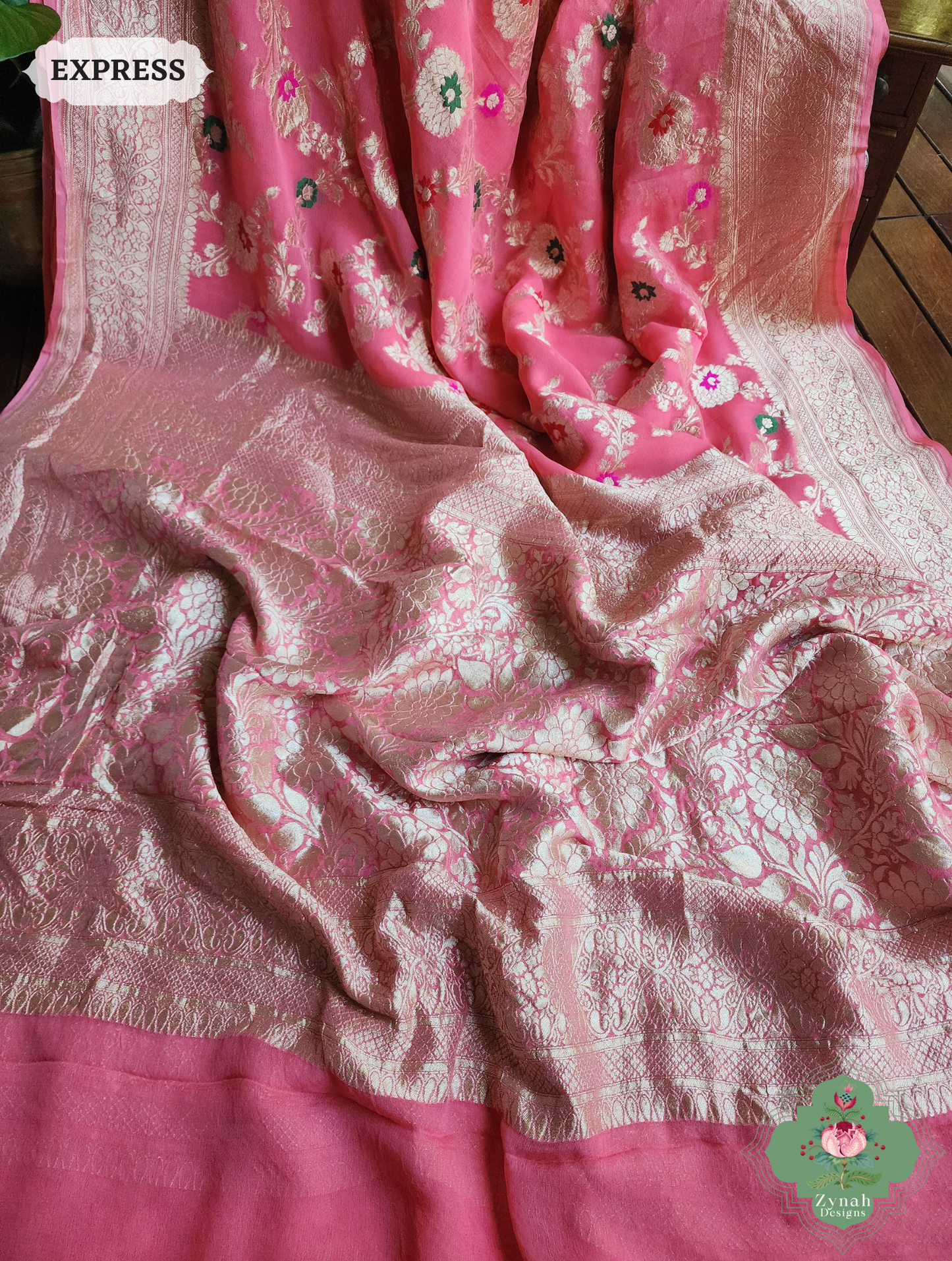Zynah Pink Pure Khaddi Georgette Banarasi Saree With Meena Work & Zari Woven Border & Pallu; Custom Stitched/Ready-made Blouse, Fall, Petticoat; SKU: 1806202501