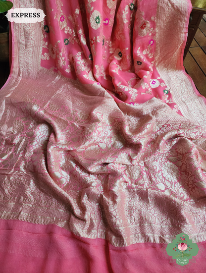 Zynah Pink Pure Khaddi Georgette Banarasi Saree With Meena Work & Zari Woven Border & Pallu; Custom Stitched/Ready-made Blouse, Fall, Petticoat; SKU: 1806202501