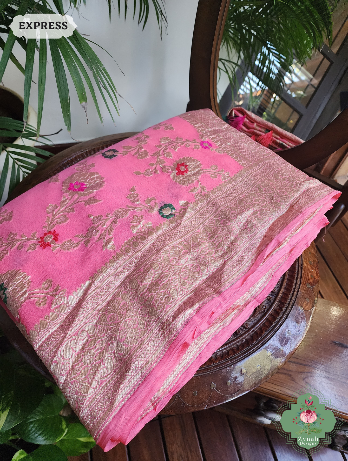 Zynah Pink Pure Khaddi Georgette Banarasi Saree With Meena Work & Zari Woven Border & Pallu; Custom Stitched/Ready-made Blouse, Fall, Petticoat; SKU: 1806202501