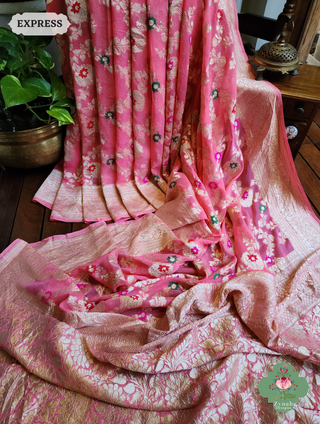 Zynah Pink Pure Khaddi Georgette Banarasi Saree With Meena Work & Zari Woven Border & Pallu; Custom Stitched/Ready-made Blouse, Fall, Petticoat; SKU: 1806202501