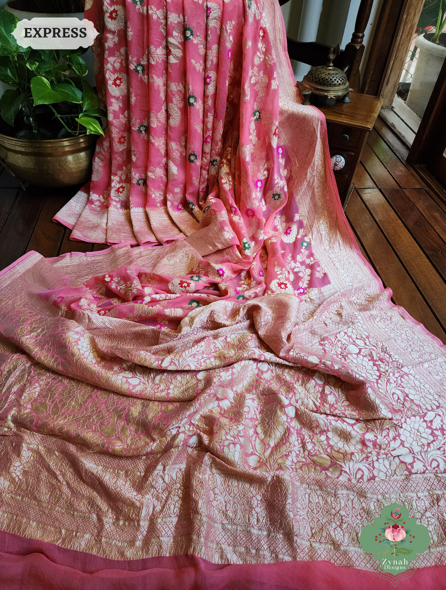 Zynah Pink Pure Khaddi Georgette Banarasi Saree With Meena Work & Zari Woven Border & Pallu; Custom Stitched/Ready-made Blouse, Fall, Petticoat; SKU: 1806202501