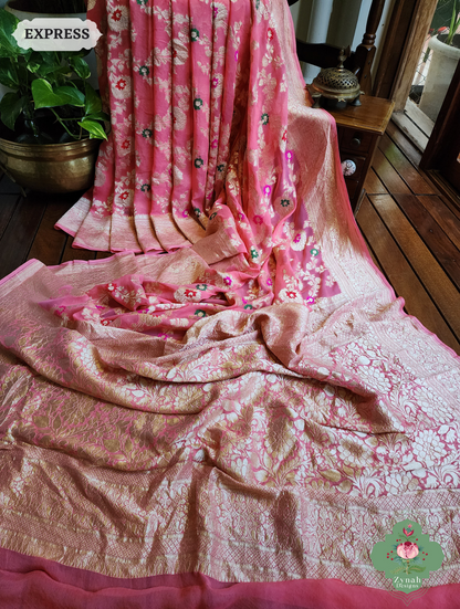 Zynah Pink Pure Khaddi Georgette Banarasi Saree With Meena Work & Zari Woven Border & Pallu; Custom Stitched/Ready-made Blouse, Fall, Petticoat; SKU: 1806202501