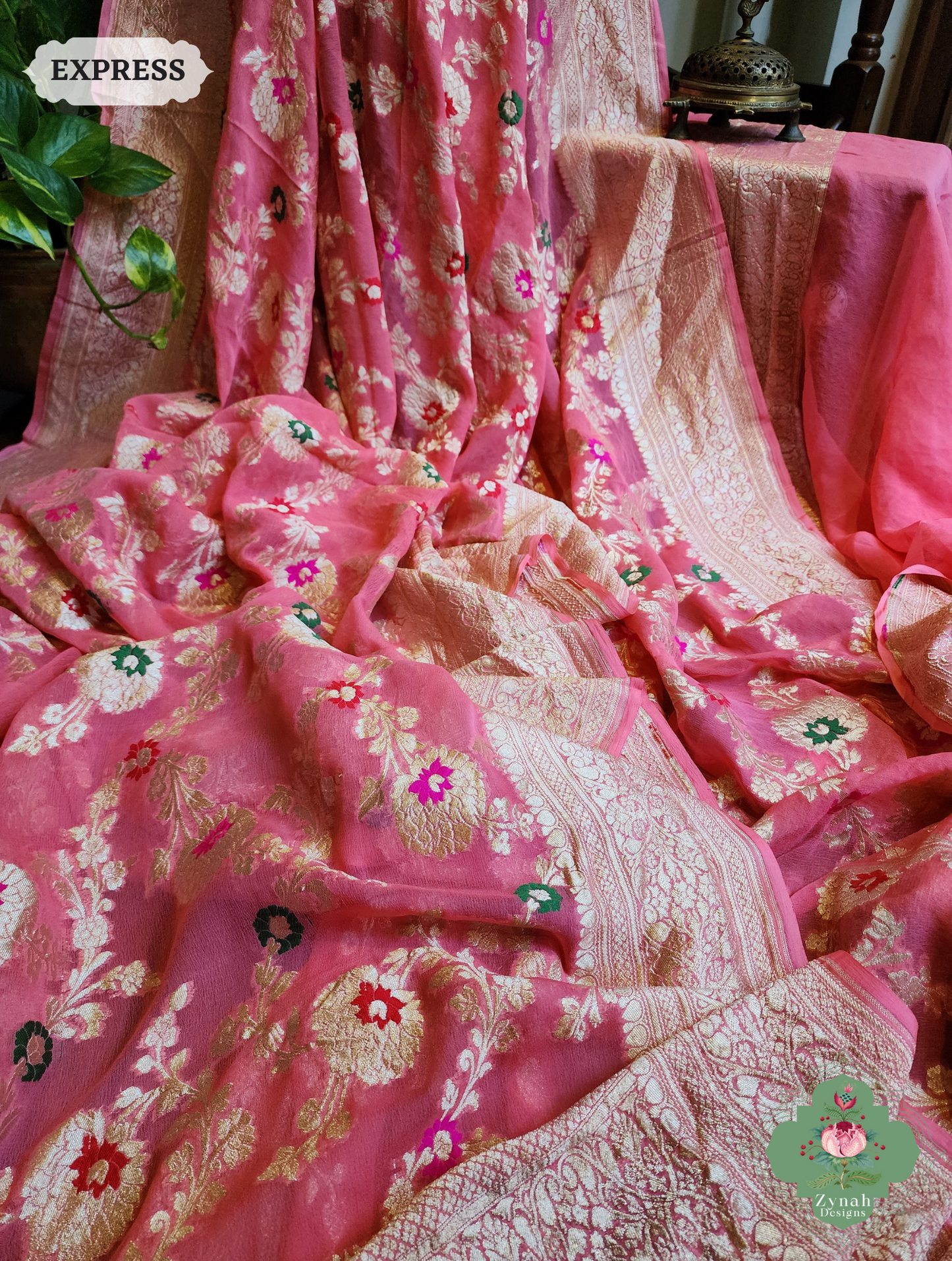 Zynah Pink Pure Khaddi Georgette Banarasi Saree With Meena Work & Zari Woven Border & Pallu; Custom Stitched/Ready-made Blouse, Fall, Petticoat; SKU: 1806202501